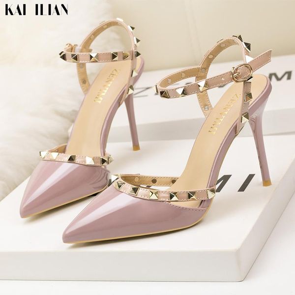

sandals women shoes 2021 high heels female pumps slingback summer ladies shoe rivet ankle strap pointed toe thin fashion, Black