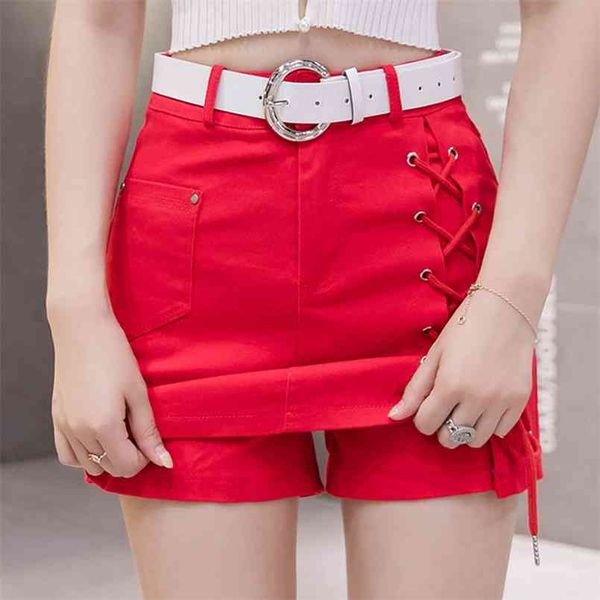 Zoki bandage mulheres denim saia verão cintura alta cintura chique cinto mini algodão vermelho harajuku streetwear faldas mujer moda 210708