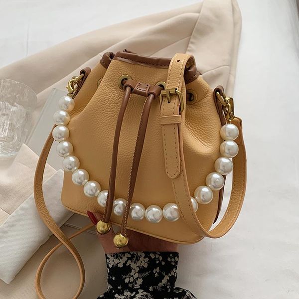 

evening bags pearl chain small pu leather drawstring bucket crossbody for women 2021 solid color shoulder handbags cross body