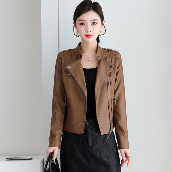 

women's leather & faux chic jacket women casual pu moto biker jackets female high street slim coat korean lady outerwear short clothing, Black