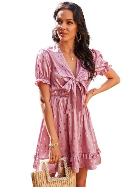 

party dresses women's 2021 summer fresh v neck bow short sleeve pink dress, White;black
