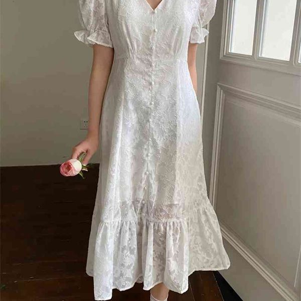 

arrival v-neck embossed white dress female summer puff sleeve high waist single-breasted chiffon mermaid 210602