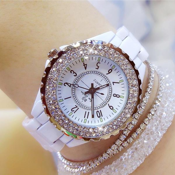 

wristwatches 2021 luxury dress women watches white ceramic diamond rhinestone crystal starlight gift watch relogio feminino, Slivery;brown