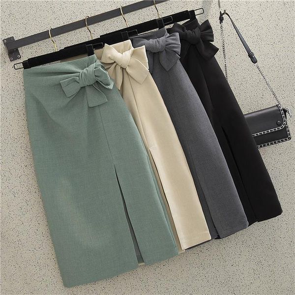 

skirts fashion autumn high pencil skirt women korean side split bow tie midi hip package office work saias jupe femme, Black
