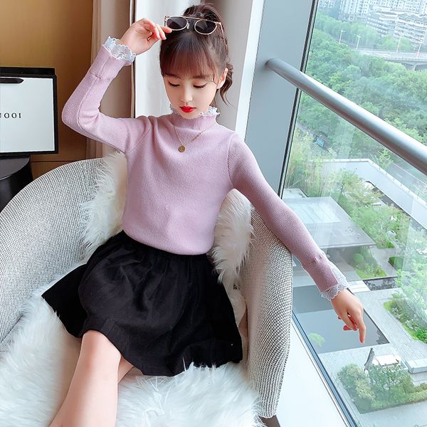 

beauty girls sweater warm slim stretch woolen lace pullover turtleneck knitwear 4 5 6 7 8 9 10 11 12 years girls bottoming shirt, White