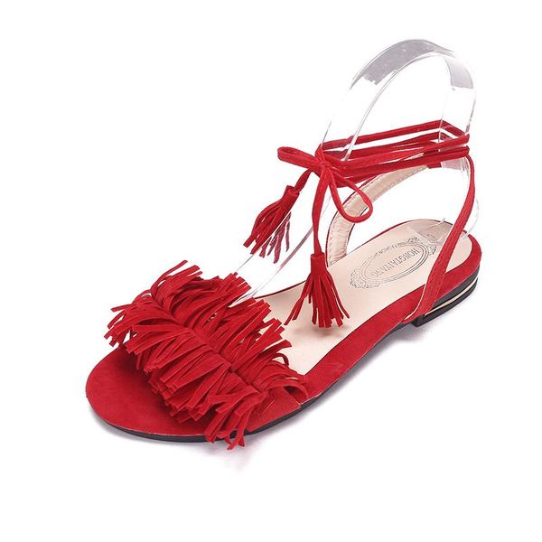 

women sandals summer sweet tassel buckle zapatos mujer flat toe wedge floral straps red heels shoes a00141, Black