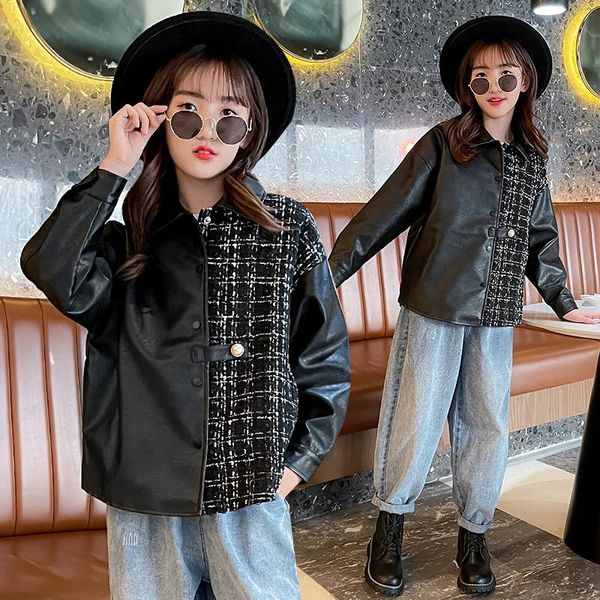 

jackets spring autumn girls fashion contrast stitching leather jacket kids casual lapel single-breasted outerwear teenage plaid overcoat, Blue;gray