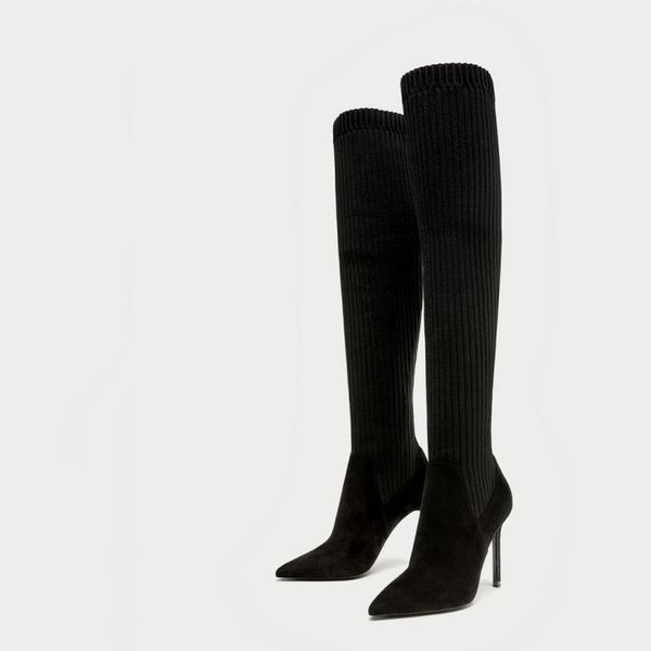 

boots sharp heel knitting elastic high woman women's shoes socks overknee1, Black