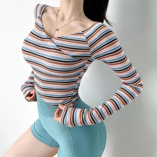 

v neck sports women stripe fitness crop gym long sleeve breathable yoga cross hem running workout t-shirt outfit
