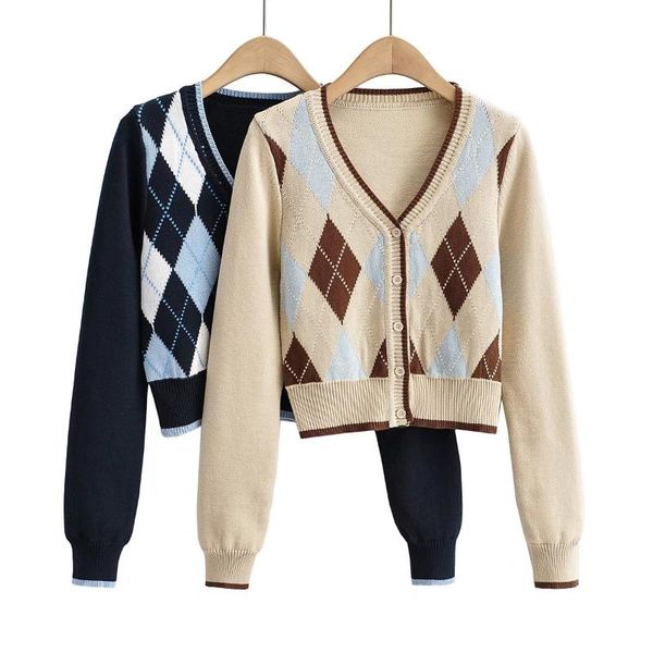 

women's knits & tees 2021 fall vintage knitted argyle cardigan women v neck long sleeve slim cotton sweaters preppy style plaid knitwe, White