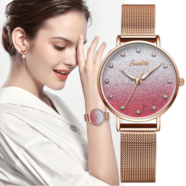 

sunkta mesh belt watch women luxury brand waterproof diamond women watches pink quartz elegant rose gold ladies wrist watch +box 210517, Slivery;brown