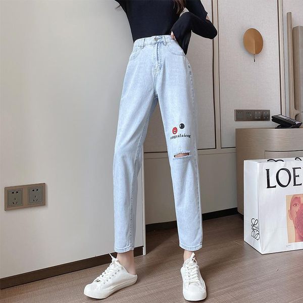 

women's jeans for women cartoon smile embroidery loose high waist pants fashion harem vintage ripped washed female, Blue