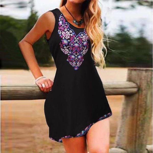 

casual dresses 4# geometric print vintage mini dress women sleeveless o-neck maxi beach tank boho for 2021 high street, Black;gray