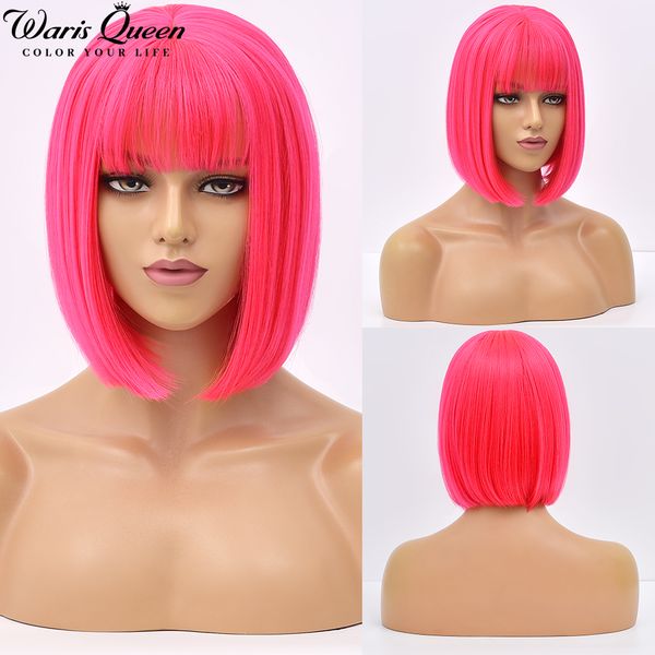

short bob wig with bangs stright ombre rose red pink synthetic wigs for women heat resistant lolita cosplay party daily hair, Black