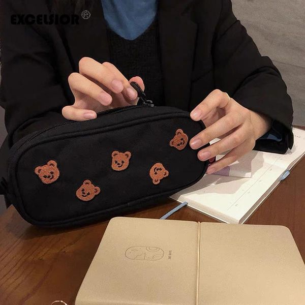 

ins little bear embroidery clutch soft cute small bag girls pencil spring canvas cosmetic bags & cases