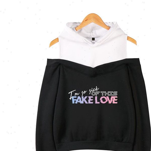 

bangtan boys fake love off women hoodie shoulder fashion print hip hop pullover hooded, Black
