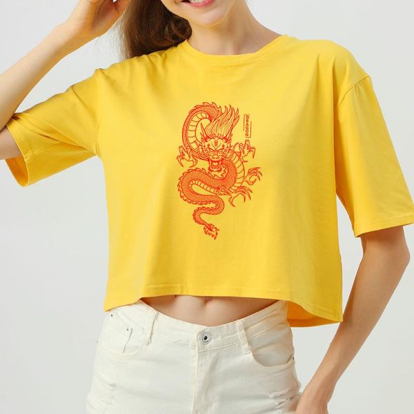 

women's t-shirt summer dragon tshirt cotton crop for petite women harajuku graphic tees shorts girls clothing y2k shirt vintage street, White