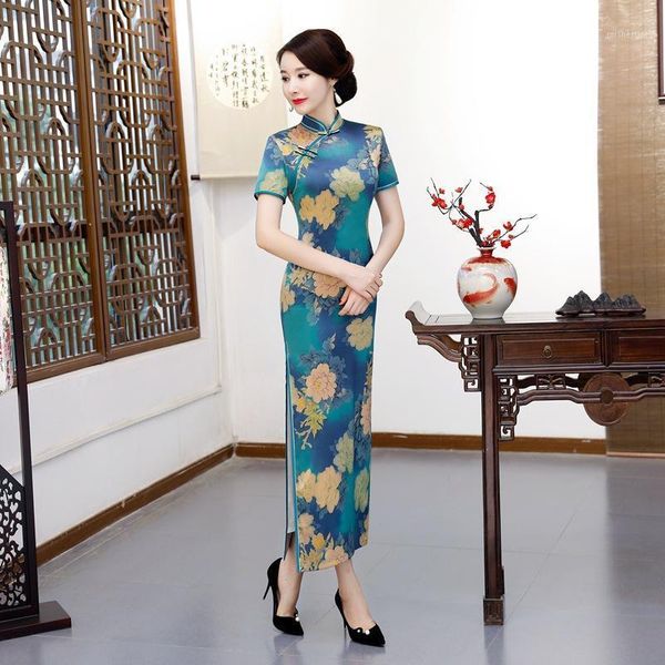 

ethnic clothing summer women long chinese dresses satin short sleeve qipao vintage print cheongsams formal party floral vestidos gown, Red