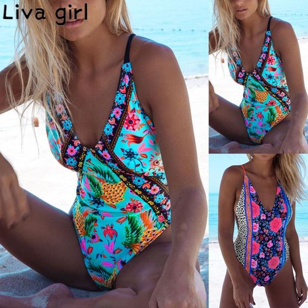 

women boho print one-piece suits swimsuit bandage cross strap swim swimwear set beach tummy control monokini