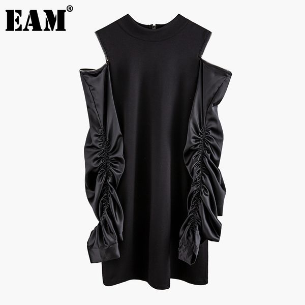 

[eam] women black zipper pleated off shouder dress stand collar long sleeve loose fit fashion spring autumn 1n069 21512, Black;gray