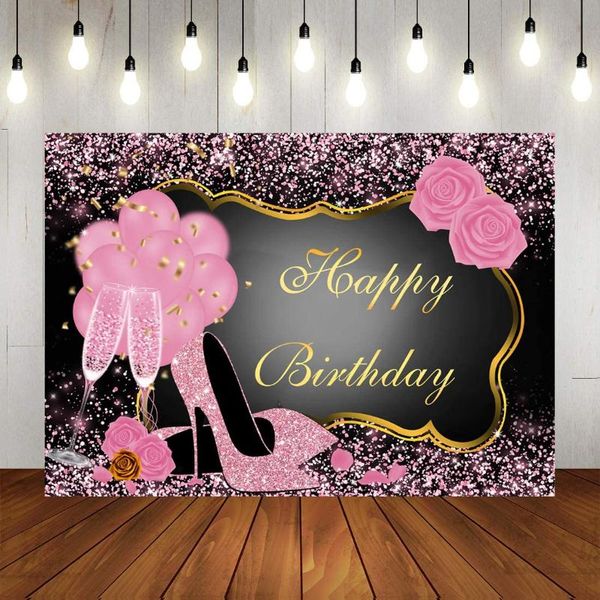 

party decoration sweet pink happy birthday backdrop rose shiny sequin high heels champagne golden frame pography decor