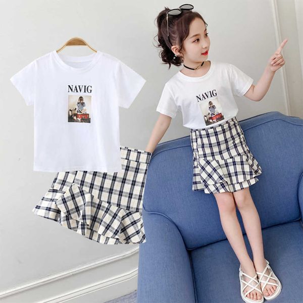 Детская одежда для девочек футболка + клетчатое платье для мультяшного узора Подростковая буква Костюмы дети 210528