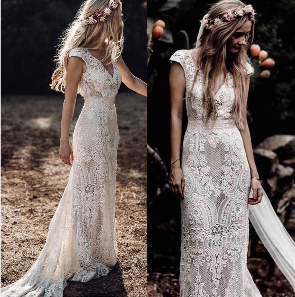 

gothic hippie lace country wedding dress 2021 fall v neck cap sleeves bohemian vintage bridal gowns sweep train backless mermaid vestido de, White