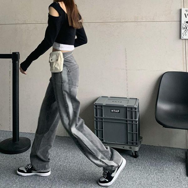 

black gray jeans women high waist loose wide-leg pants female streetwear patchwork full length femme women's, Blue