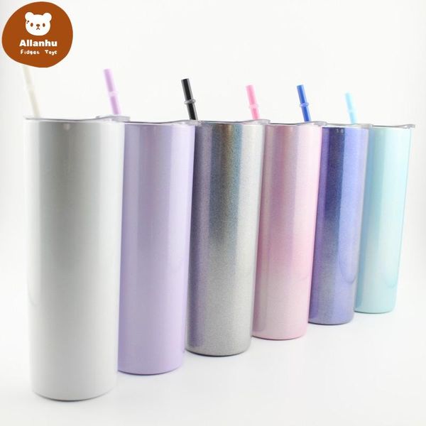 US-Aktie 20 Unzen glitzernde Regenbogenfarbe Tumbler Sublimation 600 ml Edelstahlbecher Wasser Kaffeetasse Strohhalme Deckel Fruchtsaft WFS