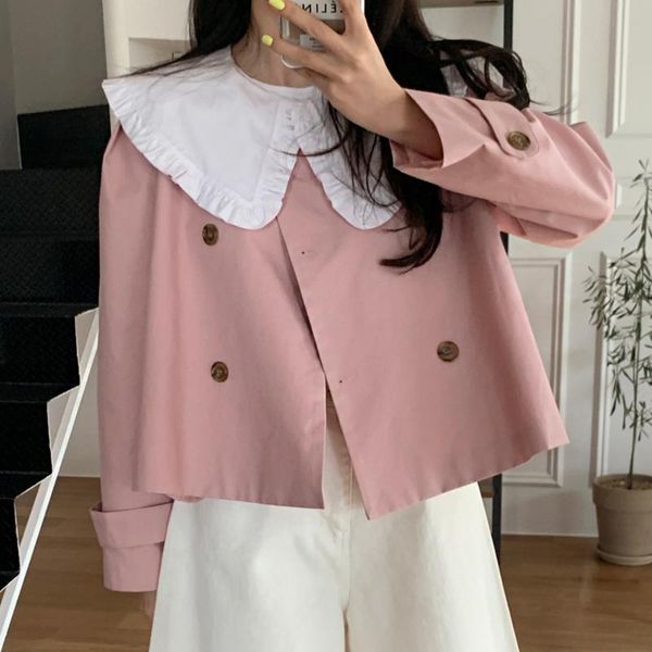 

women's jackets 2021 korean fashion elegant all-match lapel wood ear stitching contrast color double-breasted loose short suit jacket t, Black;brown