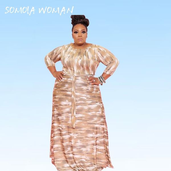 

plus size dresses elegant maxi for women tie dye print crew neck prom dress with sash long sleeve wholesale drop, Black