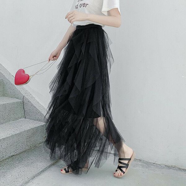 

skirts women skirt summer lace tulle tutu high wiast faldas mujer moda 2021 ladies irregular streetwear, Black