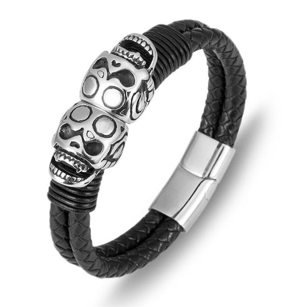 

charm bracelets christmas gift retro double stainless steel skeleton skull bangles with magnet clasp fashion genuine leather for women, Golden;silver