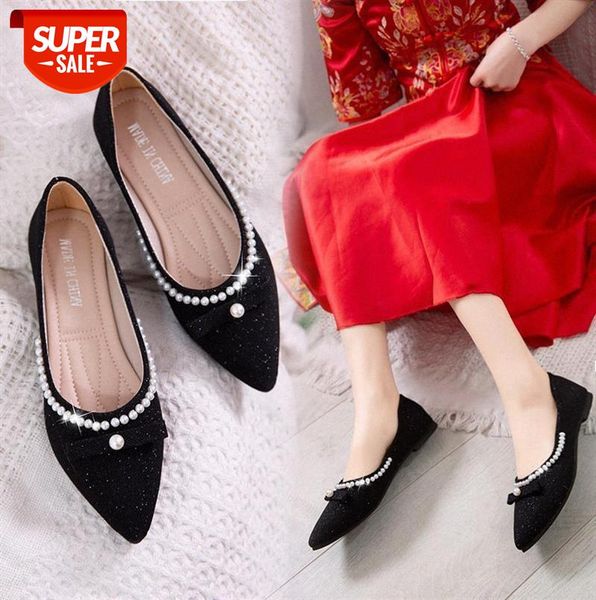 

korean style pearl bowknot pointed shallow mouth flat-heeled shoes 40 one-pedal women's #yj5g, Black