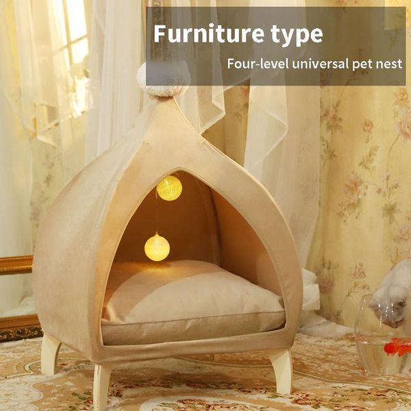 

furniture-style pet nest summer cat tent wooden frame four seasons removable and washable dog bed accessories beds & furniture