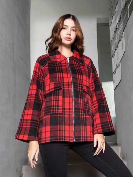 

plaid print raglan sleeve zip up overcoat a3ir#, Black