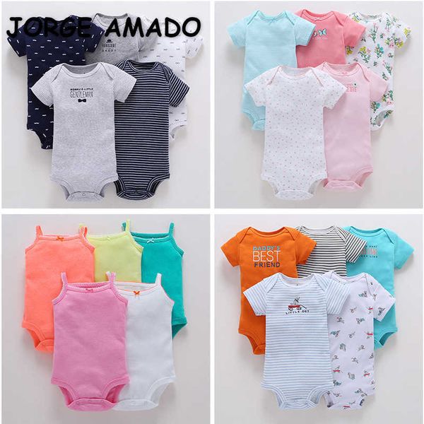 

summer boys and girls baby cotton clothes 5-piece cartoon short sleeve romper e6375 210610, Blue