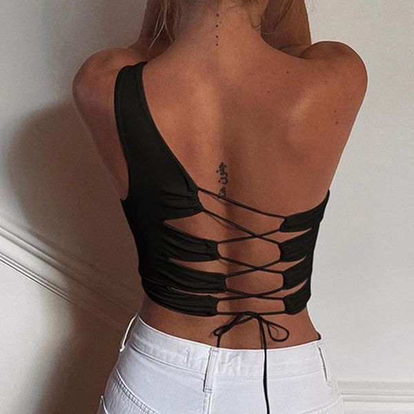 

women's tanks & camis summer women bandage tank crop solid one shoulder ladiess bodycon backless hollow out outfits female, White