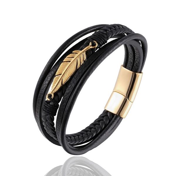 

link, chain style ladies jewelry stainless steel gold angel leather bracelet metal leaf men's gift, Black