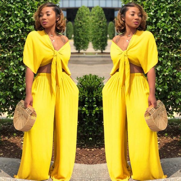 

loose wide leg bandage womenpant lace up crop 2 piece set for female v neck short sleeve two womens, White