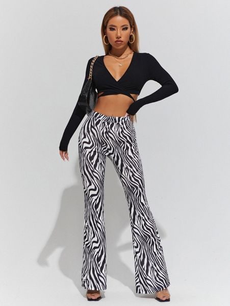 

petite zebra stripe print high waist flare leg pants g5k0#, Black;white