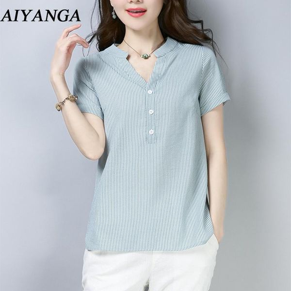 

women's blouses & shirts shirt 2021 plus size cotton linen blouse women v neck summer short sleeve solid pink white casual office ladi