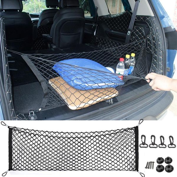 

car organizer 110x50cm trunk rear storage cargo luggage nylon elastic net holder with 4 plastic hooks pocket for van pickup suv mpv