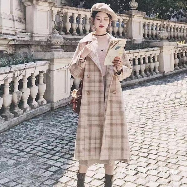 

women's wool & blends students autumn cape coat women loose long cardigan vintage thickening korean plaid woolen designer jacket female, Black