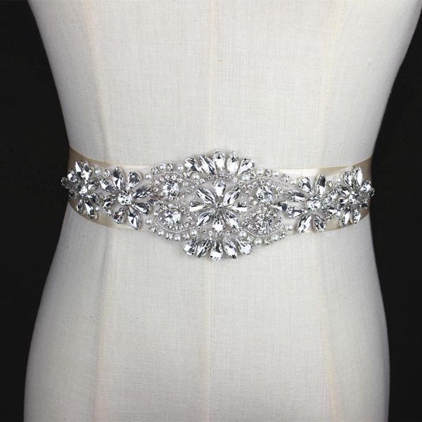 

wedding sashes silver handmade rhinestone applique bridal belt crystal sash with beaded pearl for evening dress up prom, White