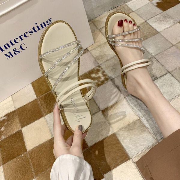 

small chrysanthemum sandals women's flat shoes summer diamond two wear multi-purpose, Black