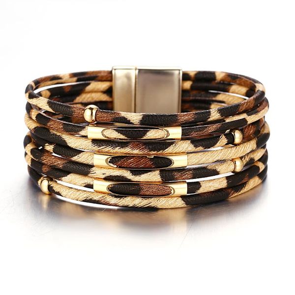 

tennis creative retro autumn and winter leopard print bohemian bracelet metal magnetic clasp leather jewelery, Golden;silver