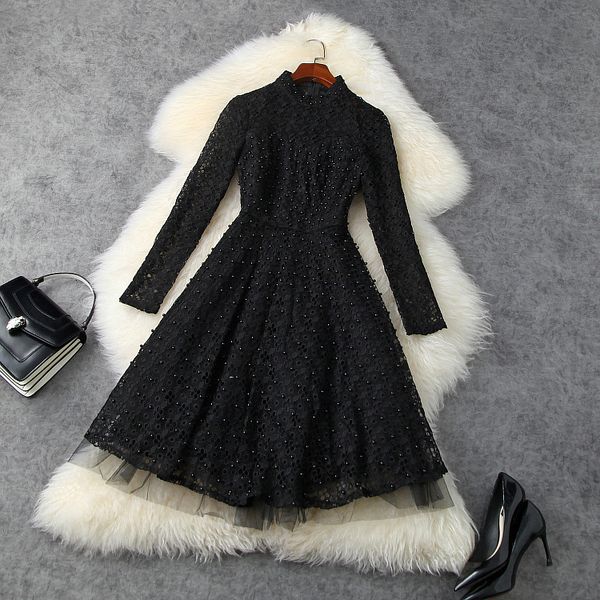 

casual dresses european and american women's clothing new spring long - sleeved standneck nail bead lace embroidery fashionable dress a, Black;gray