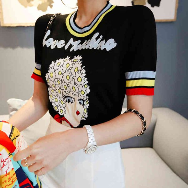 

paris girl women jacquard lovely letters short sleeve pullover summer female knitted striped o-neck sweater jumper 210524, White;black