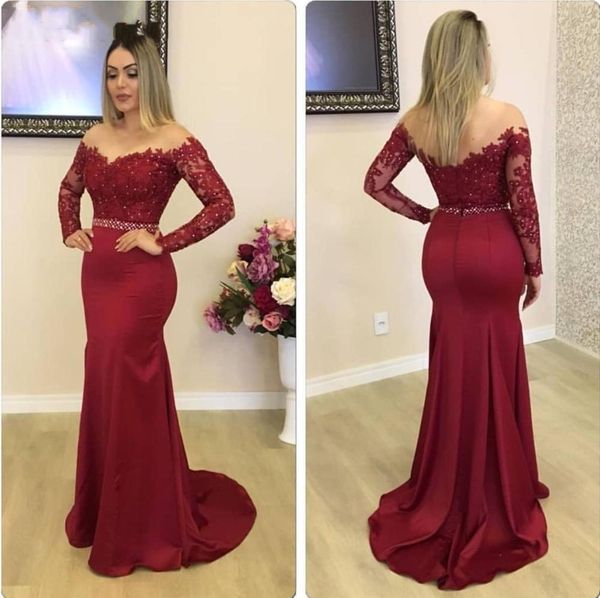 

burgundy long mermaid evening dresses 2021 scoop long sleeves lace appliques beads formal celebrity prom party dress vestido de noite, Black;red